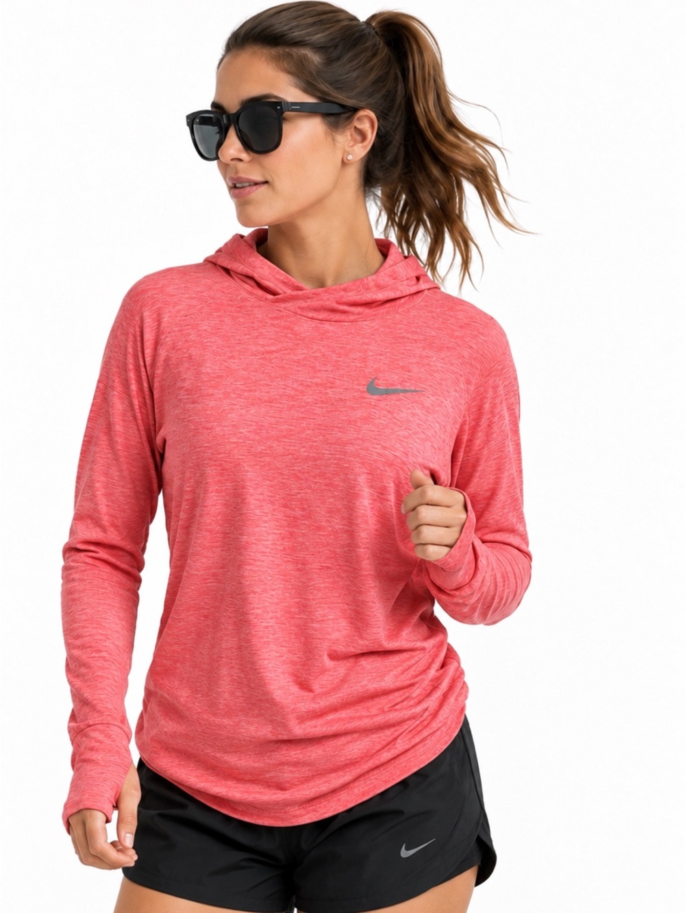 Nike Coral Heather Hooded Running Top with Thumbholes Size S